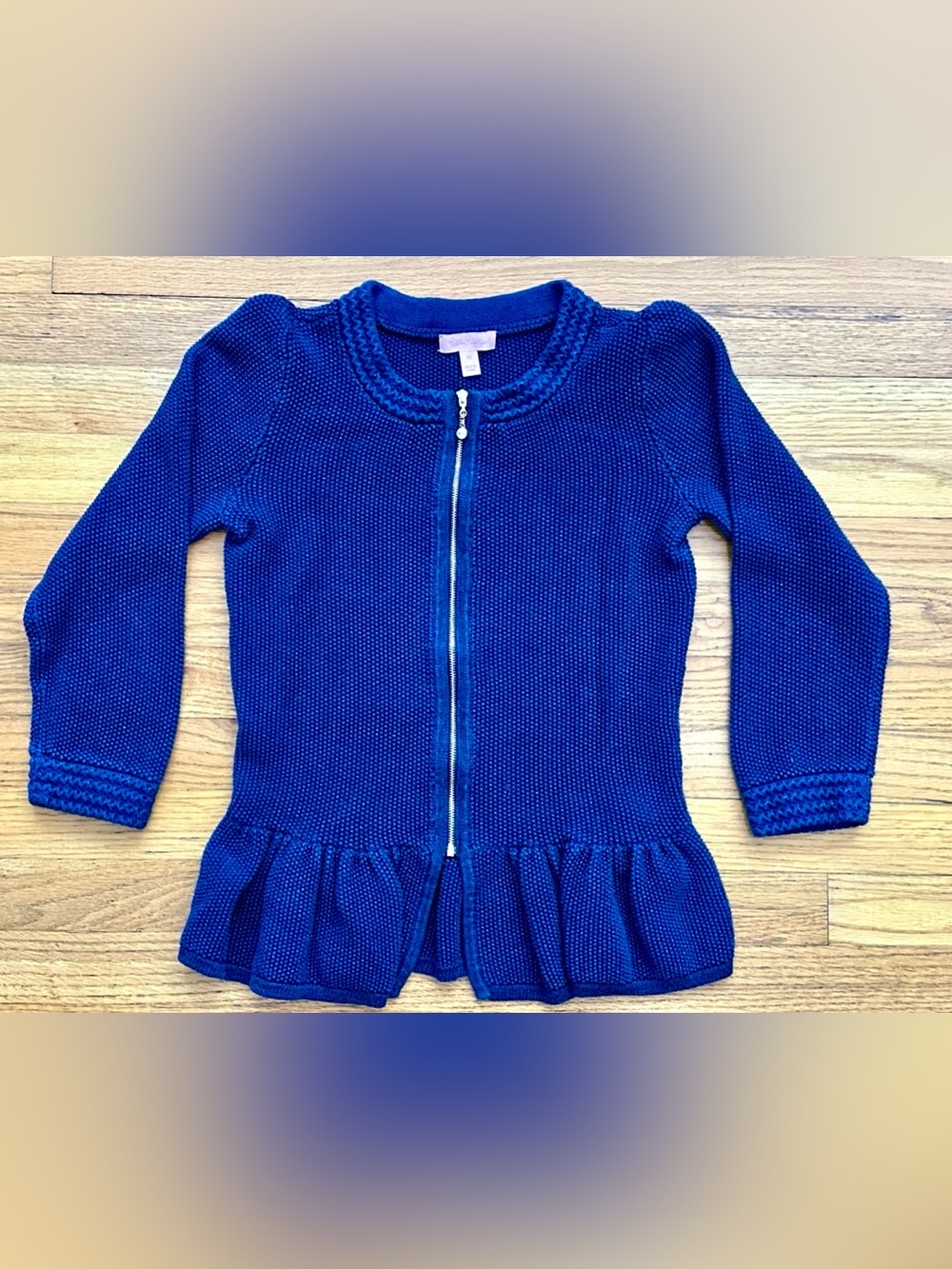 Lilly Pulitzer Medium ‘Karla’ Navy Zip Front Peplum Sweater Metallic Cardigan